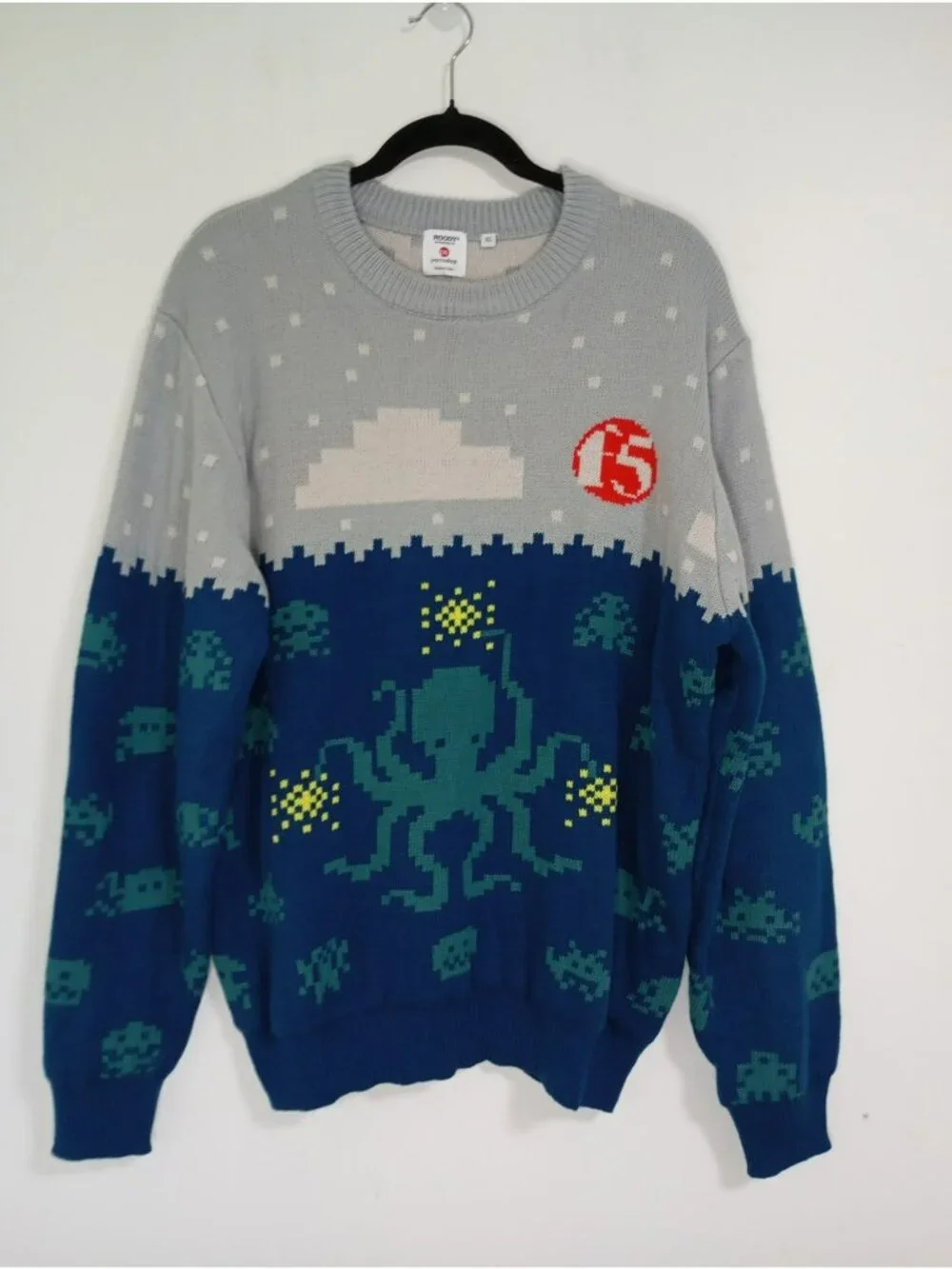 By Roody F5 Pixel Art Octopus Space-Themed Sweater Men's XL Grey Navy